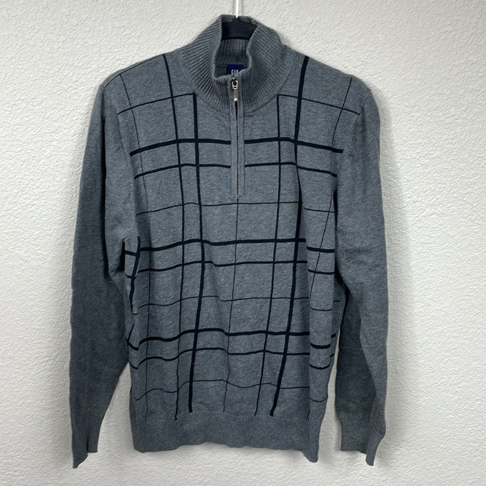 Gap Quarter Zip Windowpane Plaid Sweater Preppy Academia Gray Sz L